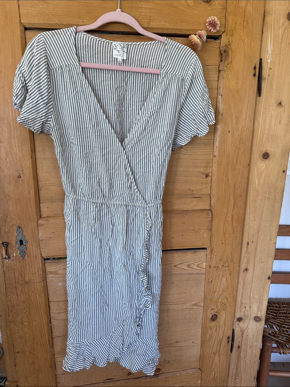 NAIF Striped Faux Wrap Midi Dress - White & Gray size large